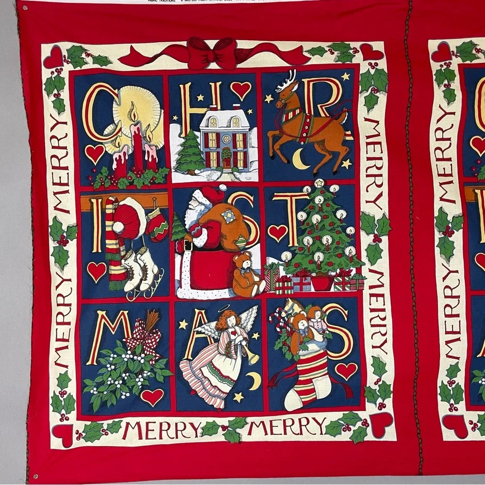 Vintage 90s Christmas Quilt Panel Set of 2 Angel Cut and Sew Santa Reindeer #K33